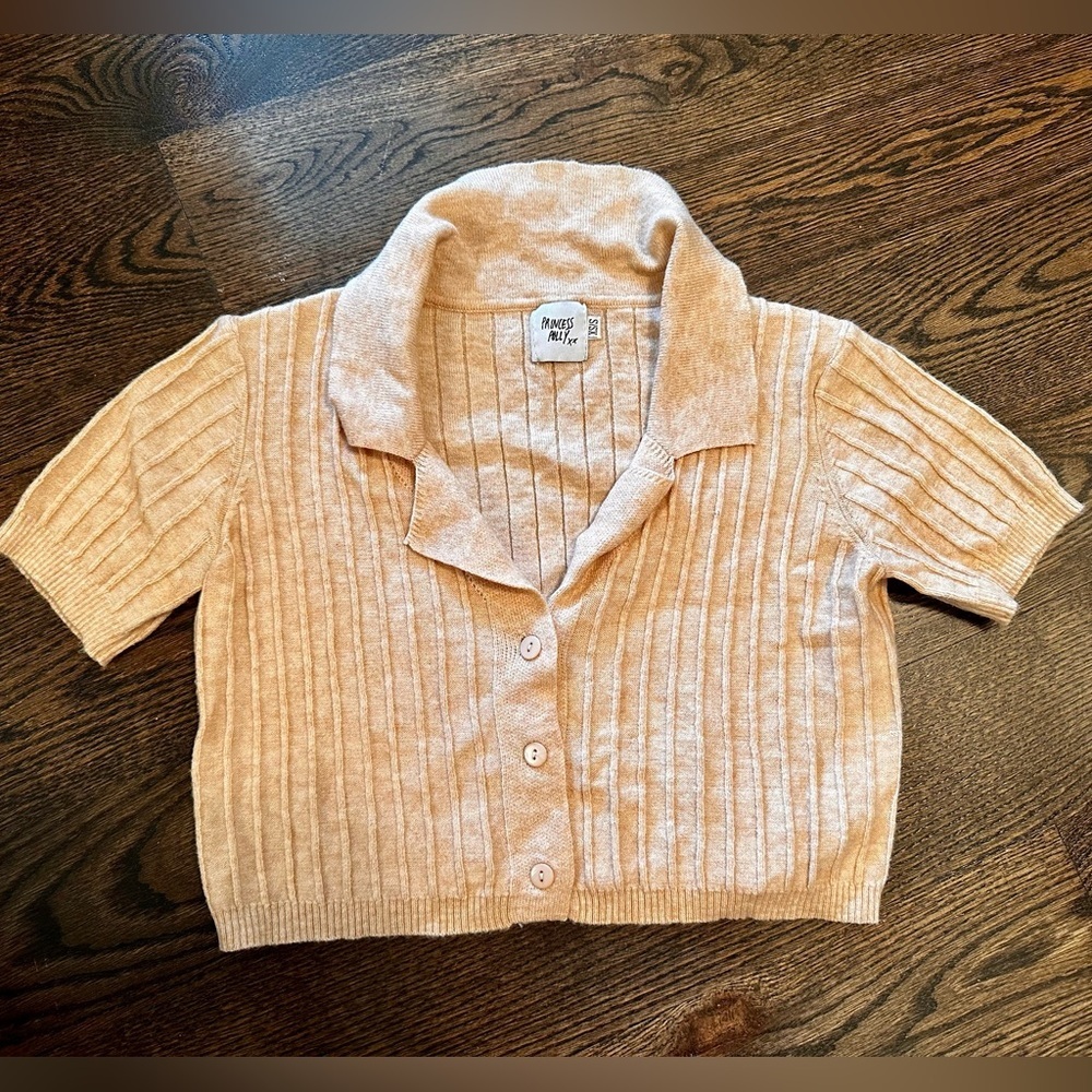 Tan Ribbed Cropped Button-Up Cardigan